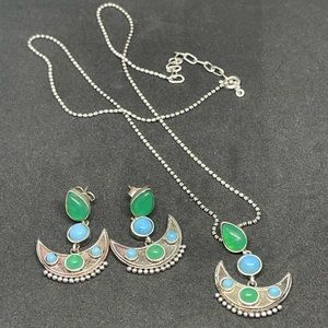 Silver & Turquoise Crescent Moon Pendant and Pierced Earrings Set NWOT